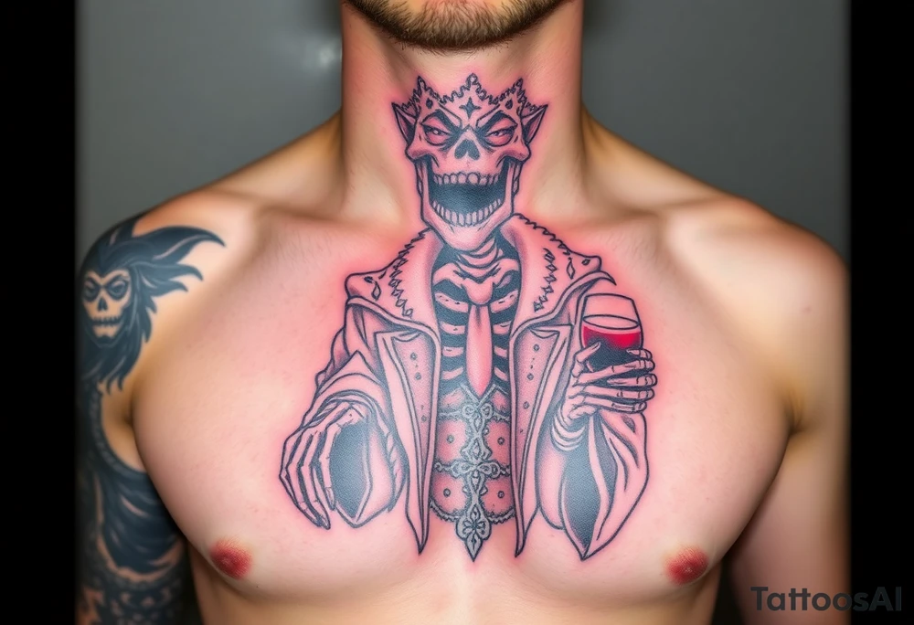 evil skeleton king in clothes having a good time getting drunk tattoo idea
