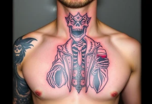evil skeleton king in clothes having a good time getting drunk tattoo idea