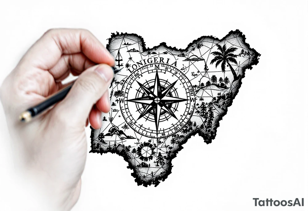 Compass on the back of the palm in the shape of Nigeria with longitude written on the top and latitude written on the bottom. Draw lines from a treasure map connecting from the arm to the tattoo tattoo idea