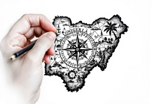 Compass on the back of the palm in the shape of Nigeria with longitude written on the top and latitude written on the bottom. Draw lines from a treasure map connecting from the arm to the tattoo tattoo idea