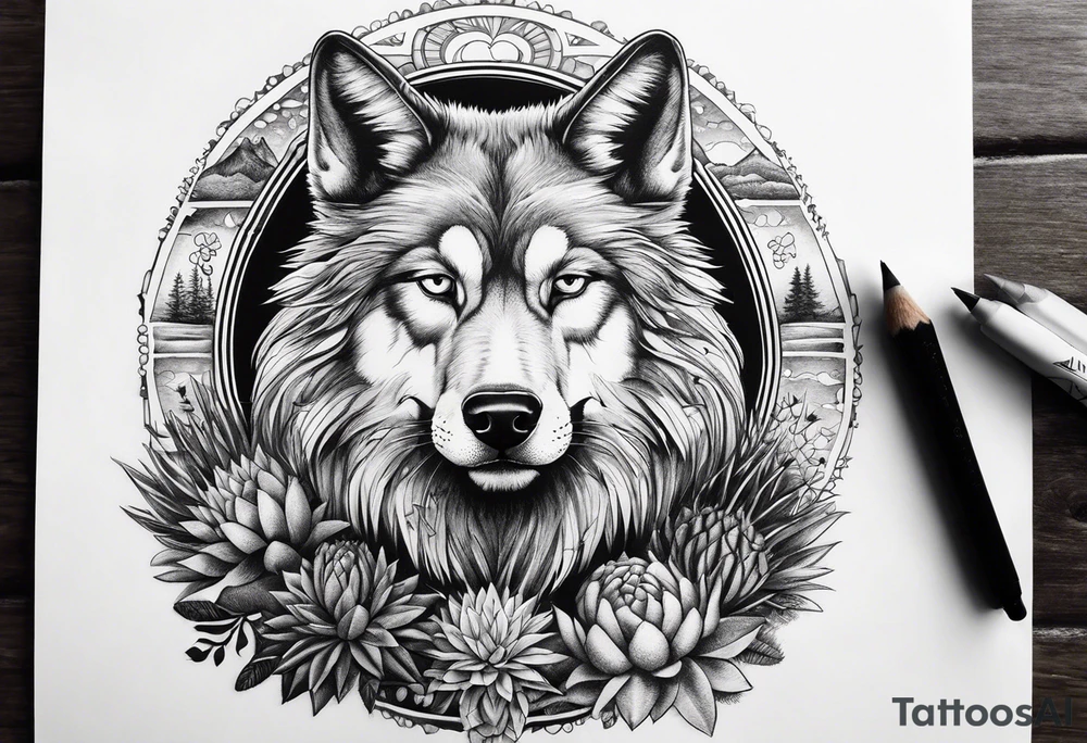 Lobo , cactos e árvore da vida por do sol braço parte de cima tattoo idea Lobo , cactos e árvore da vida por do sol braço parte de cima tattoo idea