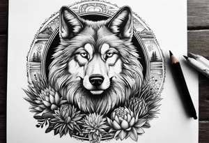 Lobo ,  cactos e árvore da vida por do sol braço parte de cima tattoo idea