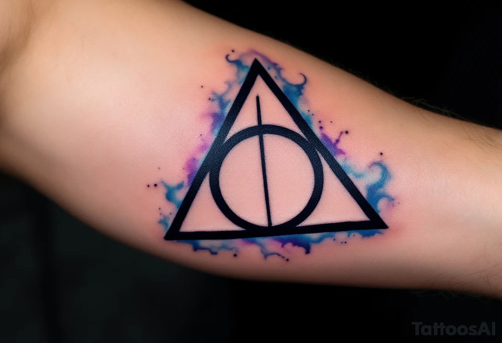A detailed Deathly Hallows symbol (triangle, circle, and line) with a soft effect around it in deep blue and purple hues, giving it an ethereal and magical feel, symbolizing the power of the three legendary objects. tattoo idea