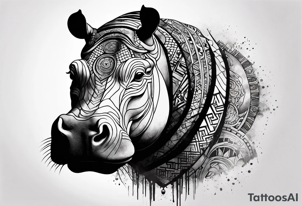 Asymmetrical, geometric, chinese ink art touch, hippo , full moon, tribal, orientation portrait tattoo idea
