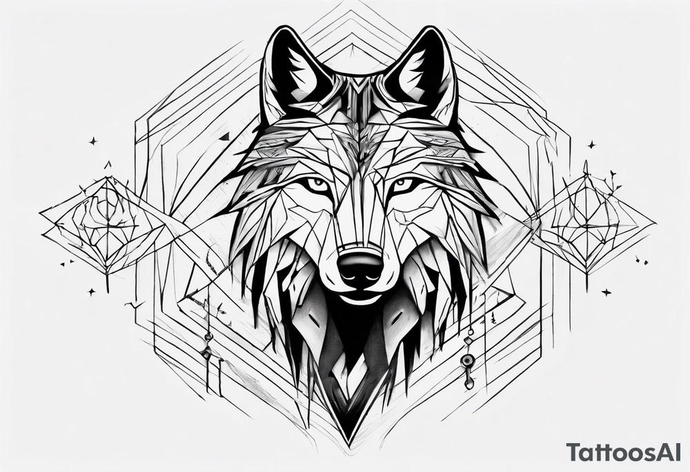 Wolf's face with geometric patterns flowing from it along with impressions of trees, a forest. It should be shaped to fit on a forearm (longer than it is wide) tattoo idea