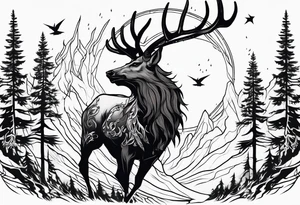 A spooky dead lore accurate wendigo side profile surrounded by a forest fire in background tattoo idea