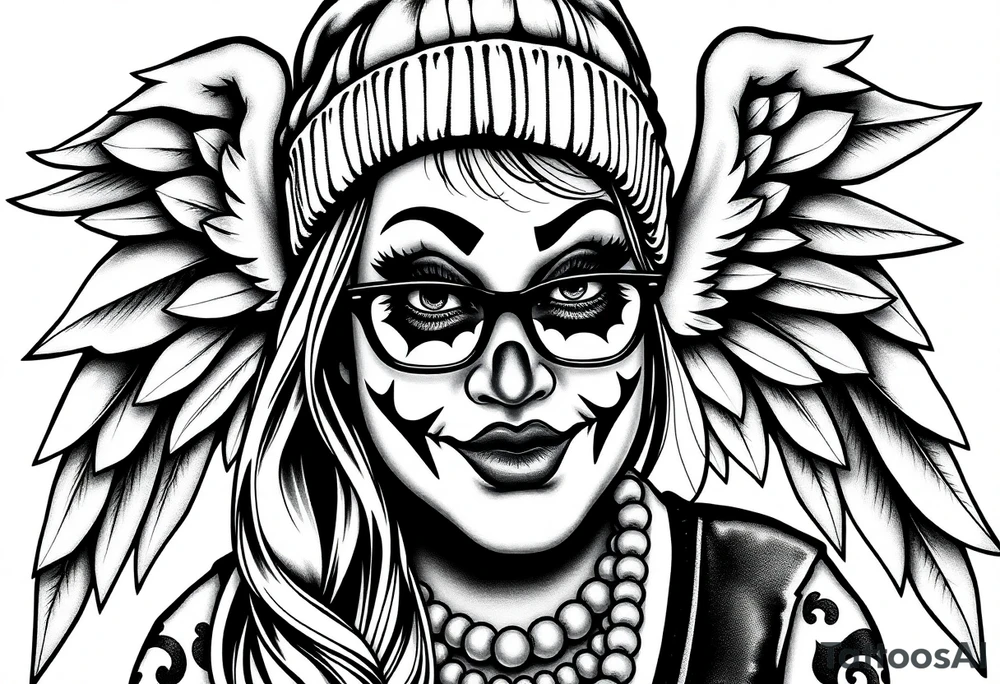 Chicana BBL fat sexy chunky plus size beautiful long hair clown makeup angel wings thug beanie eyeglasses tattoo idea