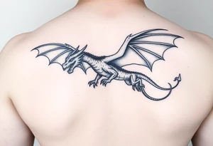 Dragon flying with outstretched wings, facing forward, with a long and slender body, the head slightly higher than the wings, and the tail curling out to one side tattoo idea