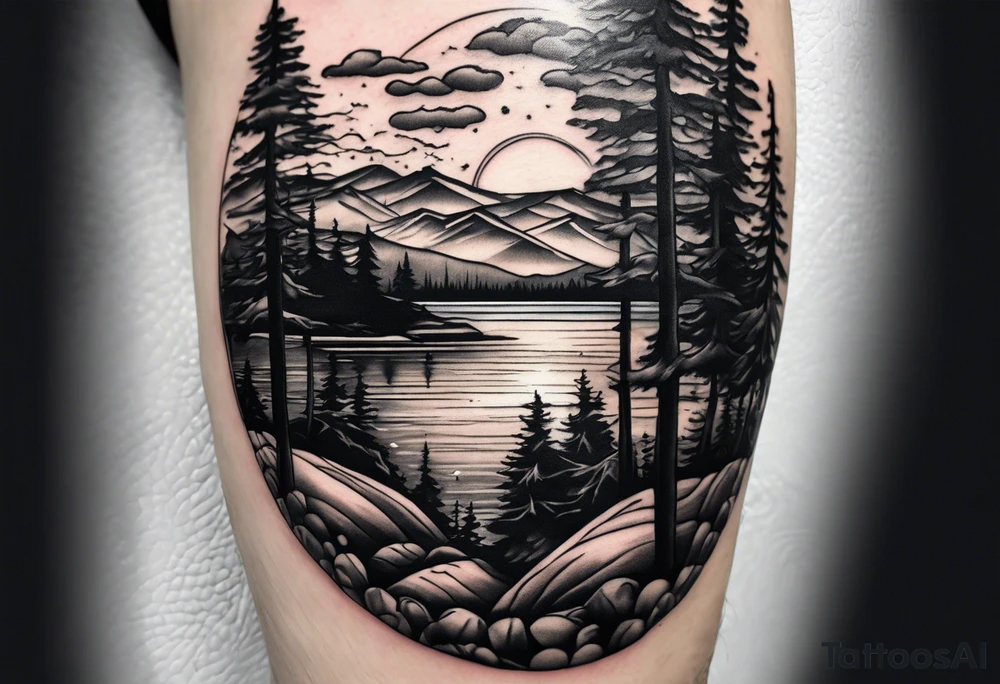 shoulder/upper arm design. pebble beach on a lakefront with a lake surrounded by tall trees and a mountain backdrop. Has reflections across the lakewater tattoo idea