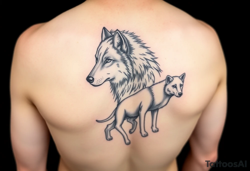 A solitary yet sublime and noble wolf and its progeny. tattoo idea