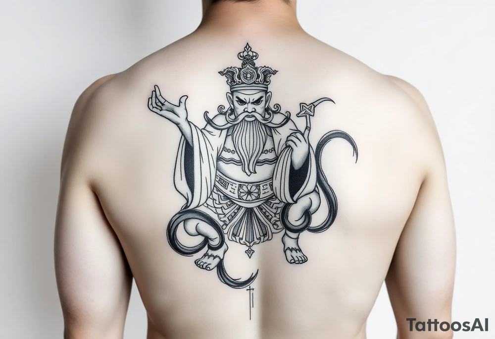 I want to design a design from the back to the back thighs of an adult. The theme is the Chinese Emperor Shennong. The style is black and white neo-traditional. The Emperor Shennong is a Chinese god who mainly blesses farmers with a good harvest and a smooth planting. tattoo idea