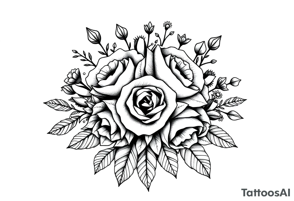 Geometric vintage bouquet of wild roses and meadow flowers with morning dew tattoo idea
