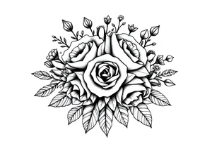 Geometric vintage bouquet of wild roses and meadow flowers with morning dew tattoo idea