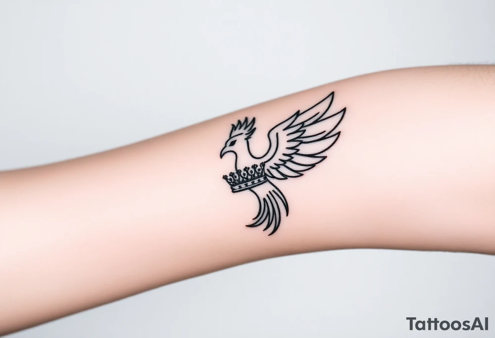 Minimal phoenix and crown fine lines tattoo idea