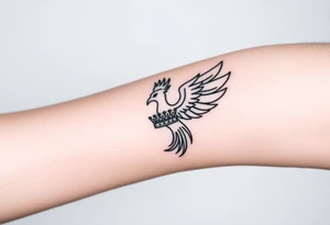 Minimal phoenix and crown fine lines tattoo idea