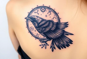 Raven with starry sky background with zodiac constellations in it with runes in sky tattoo idea