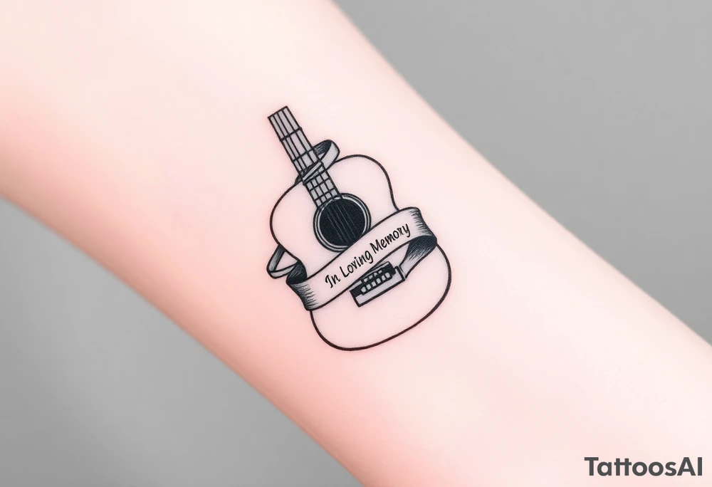 Accustic Guitar with ribbon wrapped around with In Loving Memory inside ribbon tattoo idea