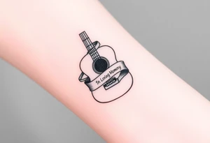 Accustic Guitar with ribbon wrapped around with In Loving Memory inside ribbon tattoo idea