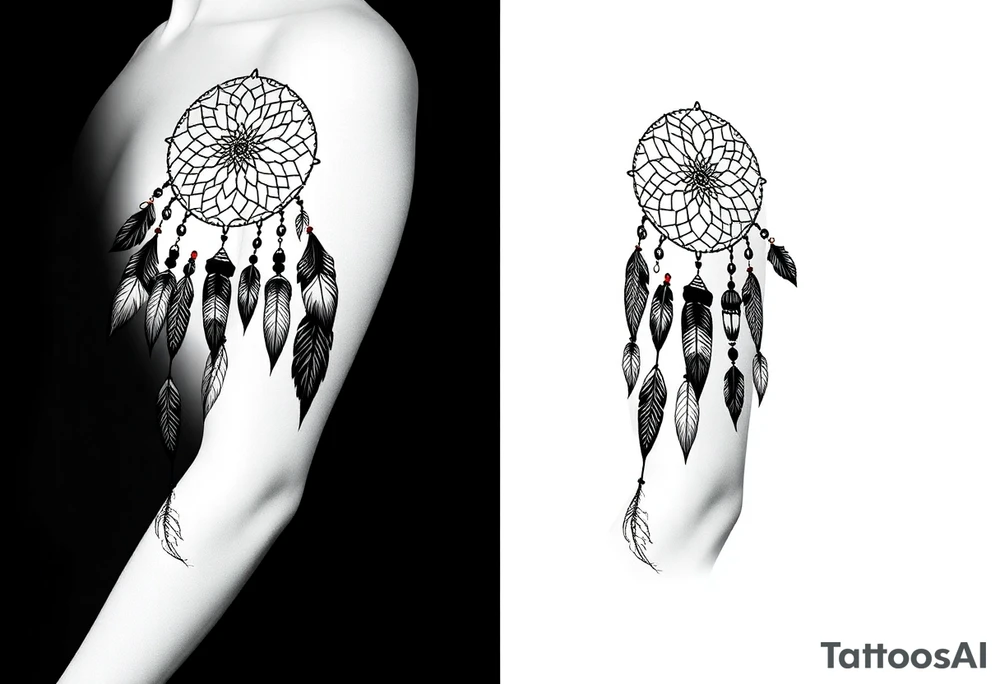 native dreamcatcher with flowing feathers and sacred beads tattoo idea