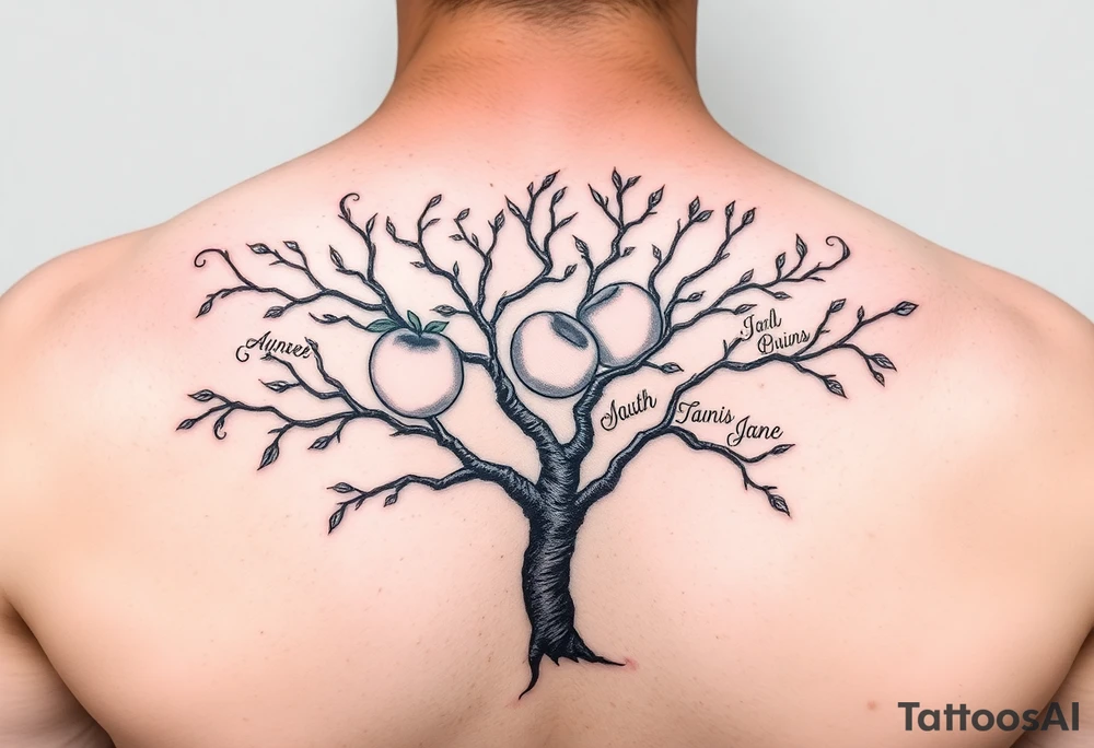 Peach tree with names scripted as branches tattoo idea