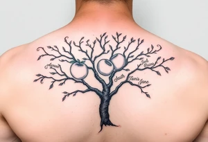 Peach tree with names scripted as branches tattoo idea