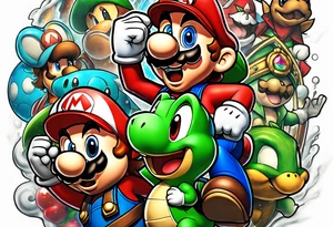 Gaming sleeve including Mario and Luigi, assassin's creed, Squirtle, and legend of zelda tattoo idea