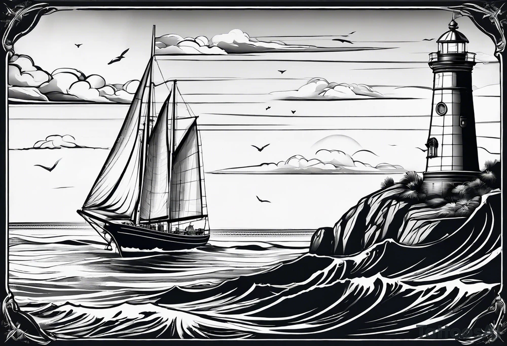 maritime lighthouse in a front view sailboat serving as a mast for a sail. tattoo idea
