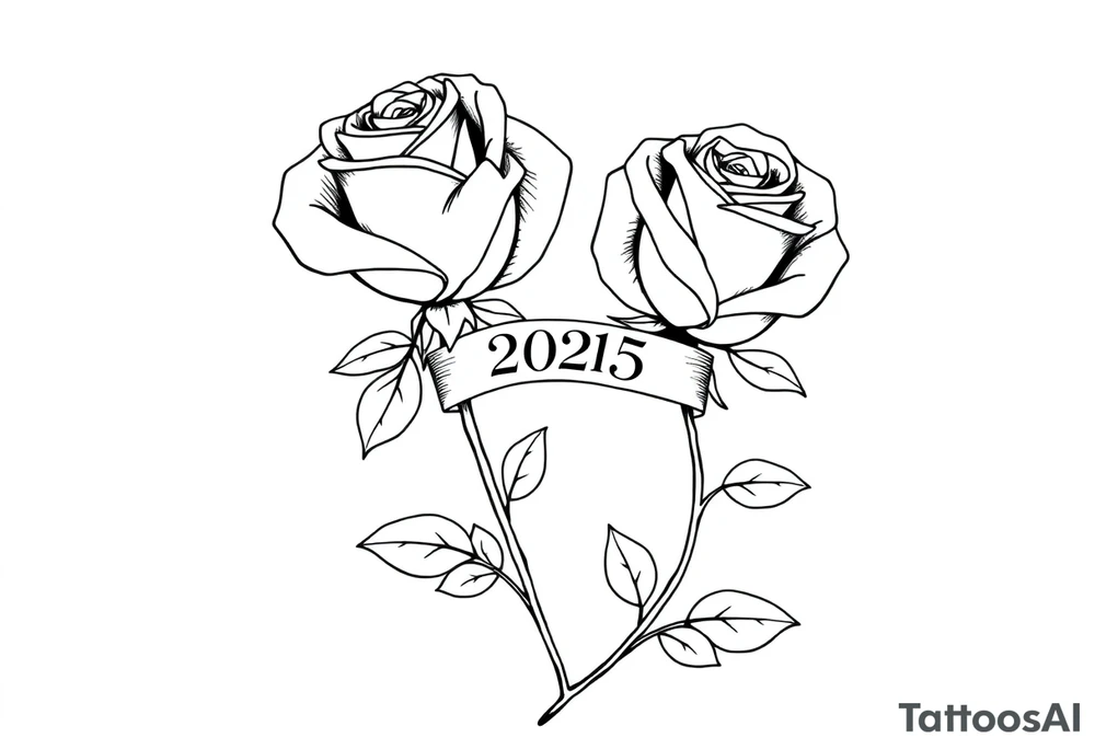 two beautiful large rose buds, one larger than the other, with many leaves next to the rose buds, with one sitting higher than the other. Include a banner connecting the two roses with the year "2025" on it.   Use dark outlines with little shading. The two stems should be short, not long, and connect and join into one stem, whimsically curved or twisted - not straight down. tattoo idea