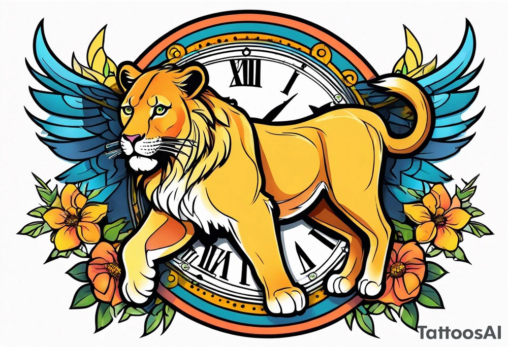 Lioness with wings clock tattoo idea