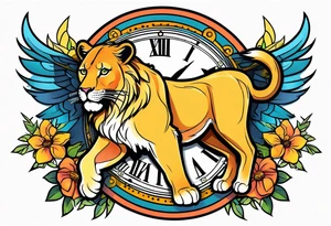 Lioness with wings clock tattoo idea