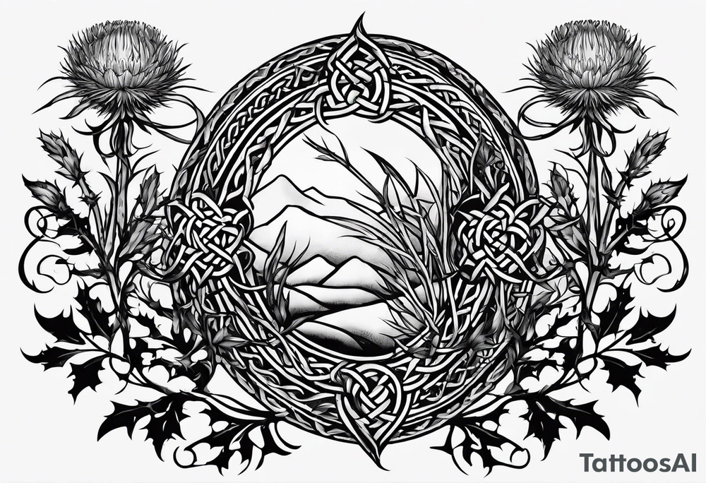 three thistles, Celtic knots, and the phrase "always remember there is nothing worth sharing like the love that let us share our names" tattoo idea