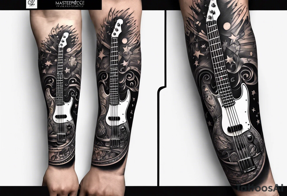 Tattoo full left arm with a collage of a bass guitar, a medicine caduceus, two stars tattoo idea