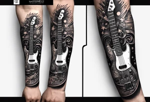 Tattoo full left arm with a collage of a bass guitar, a medicine caduceus, two stars tattoo idea
