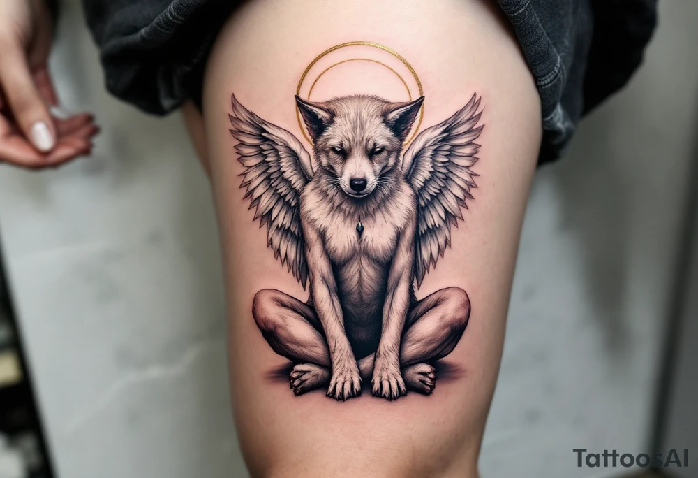 Angel Stafford Tribute – A Stafford with soft white wings and a golden halo, sitting peacefully, ideal as a memorial tattoo. tattoo idea