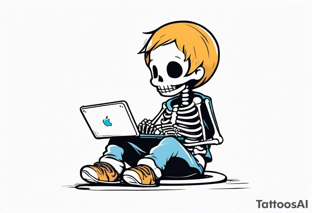 Kid wearing a one piece skeleton costume playing video games tattoo idea