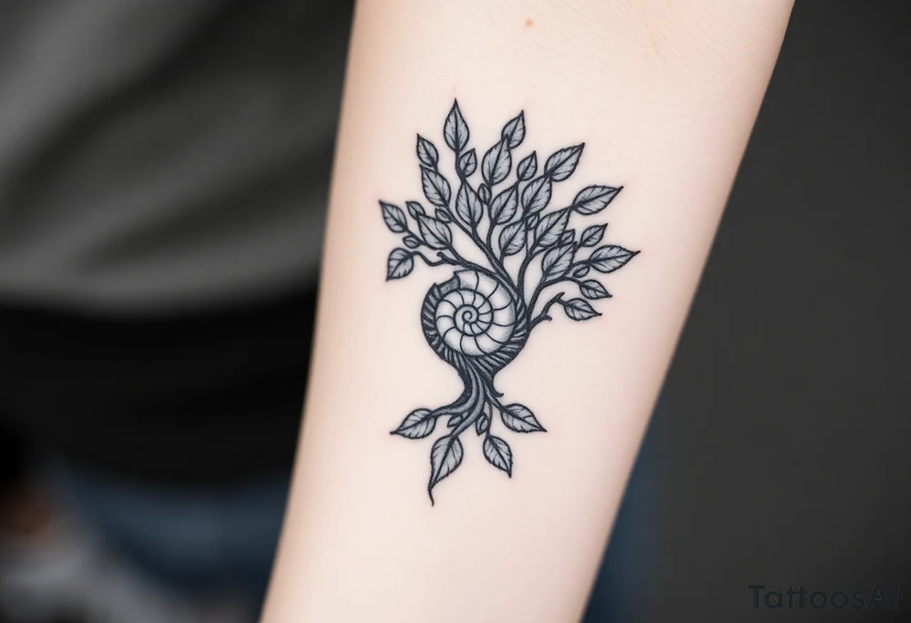 Fibonacci spiral shell inside of tree full of lots of leaves tattoo idea