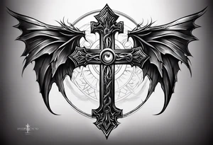 A Christian cross with sharp lower end imbedded into the ground that has roots growing from it. The cross is in the middle of two huge dragon wings. In the middle of the cross is an eye ball tattoo idea