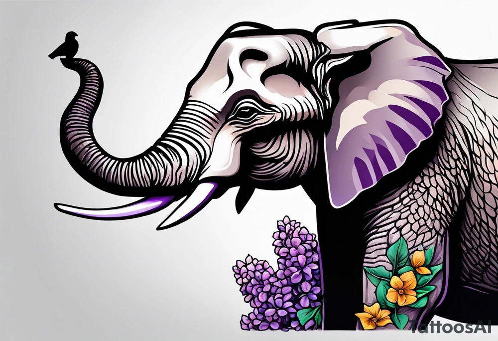 Seated elephant holding lilacs in trunk tattoo idea