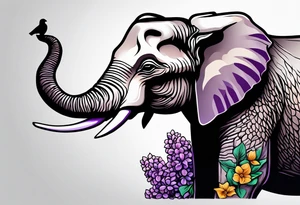 Seated elephant holding lilacs in trunk tattoo idea