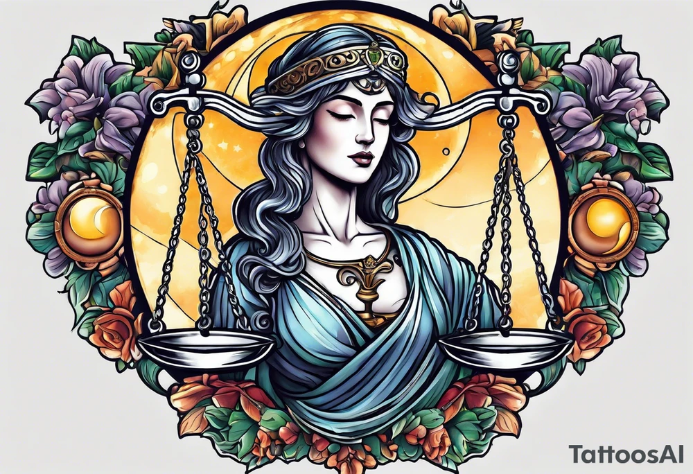 Themis holding the scales of justice while blindfolded with a moon in the background in color tattoo idea
