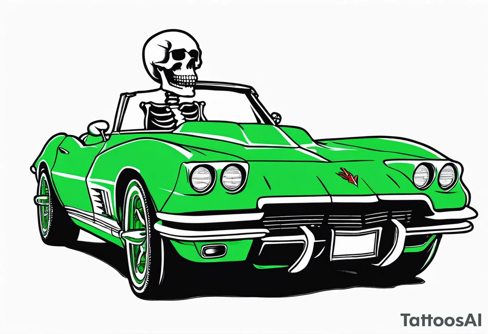 Skeleton smoking a cigarette driving a green 1976 convertible Corvette tattoo idea