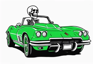 Skeleton smoking a cigarette driving a green 1976 convertible Corvette tattoo idea