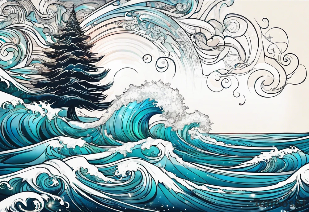 Christmas tree. Ocean waves. Words “salt air”. tattoo idea