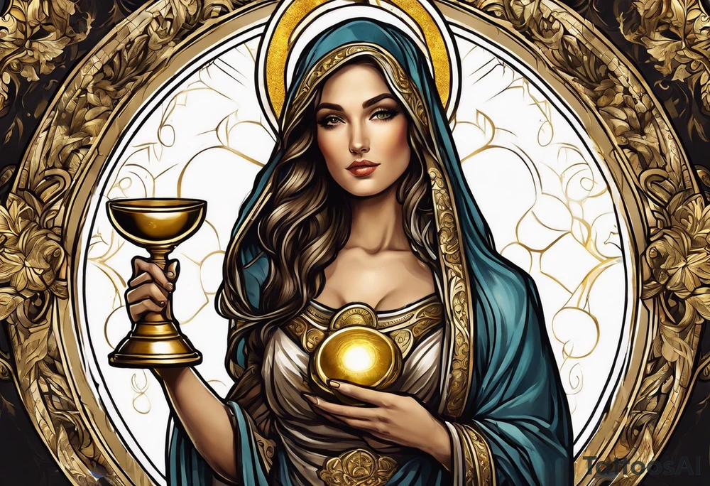 woman saint holding chalice surrounded by golden halo portrait tattoo idea