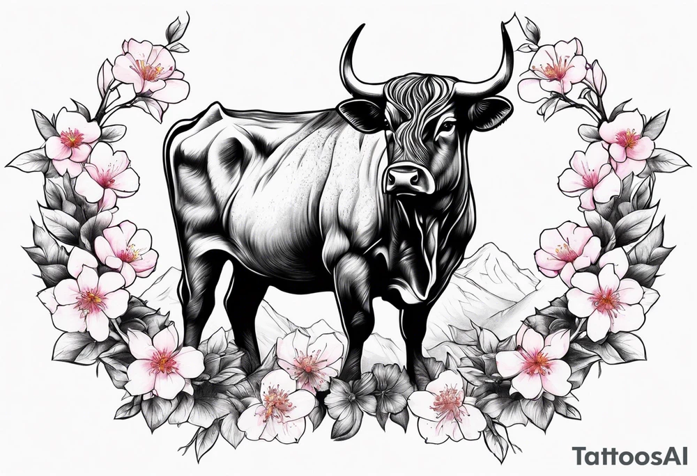 ox with sakura flowers tattoo idea