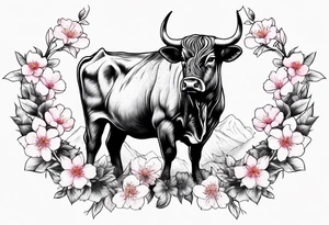 ox with sakura flowers tattoo idea