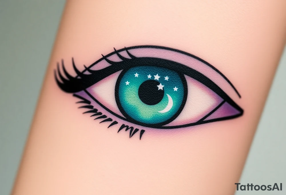 Large outline of an eye shaped like an almond with eye colored greenish blue with long pretty black eyelashes + spade symbol  for the eyeball inside of the eye + a crescent moon stars and clouds inside of the eyeball only + using vivid colors like blue green purple light blue light green light purple tattoo idea