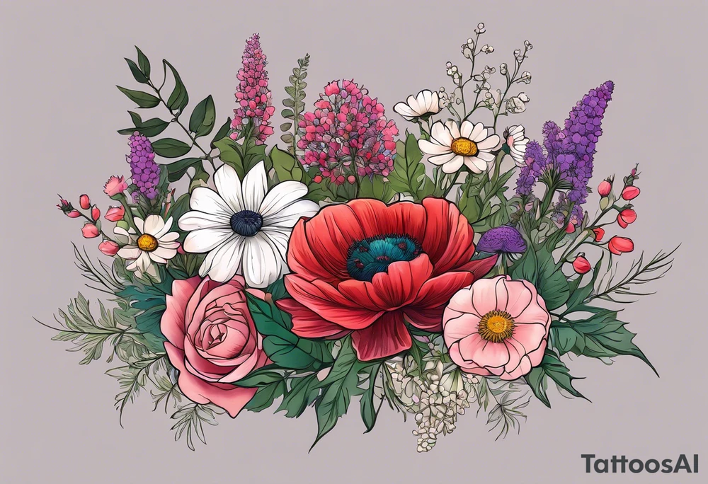 simple wildflowers with thistles, ferns, ranuculus, white anemones, sun flowers, red flowers, pink flowers, purple flowers, buttercups, babys breath, daisies, and greenery all in pastel color tattoo idea
