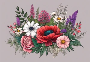 simple wildflowers with thistles, ferns, ranuculus, white anemones, sun flowers, red flowers, pink flowers, purple flowers, buttercups, babys breath, daisies, and greenery all in pastel color tattoo idea