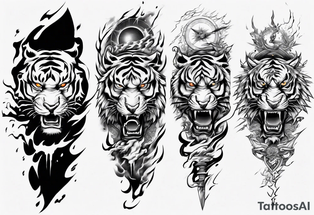 Tiger Warrior sleeve tattoo with lightning and the sun
Forearm sleeve tattoo idea